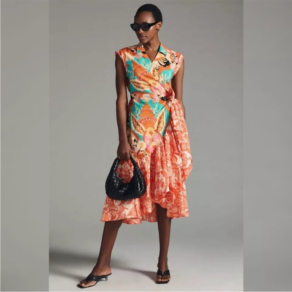 By Anthropologie V-Neck Colored Floral Wrap Dress. Size Small. Retail $198